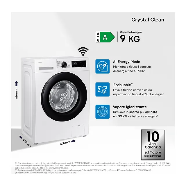 Samsung Lavatrice 9 kg WW90DG5G34AEET, vista 3